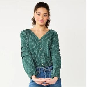 Draper James RSVP Green White Polka Dot Ruffle Sleeve Bodysuit Boho Size XL